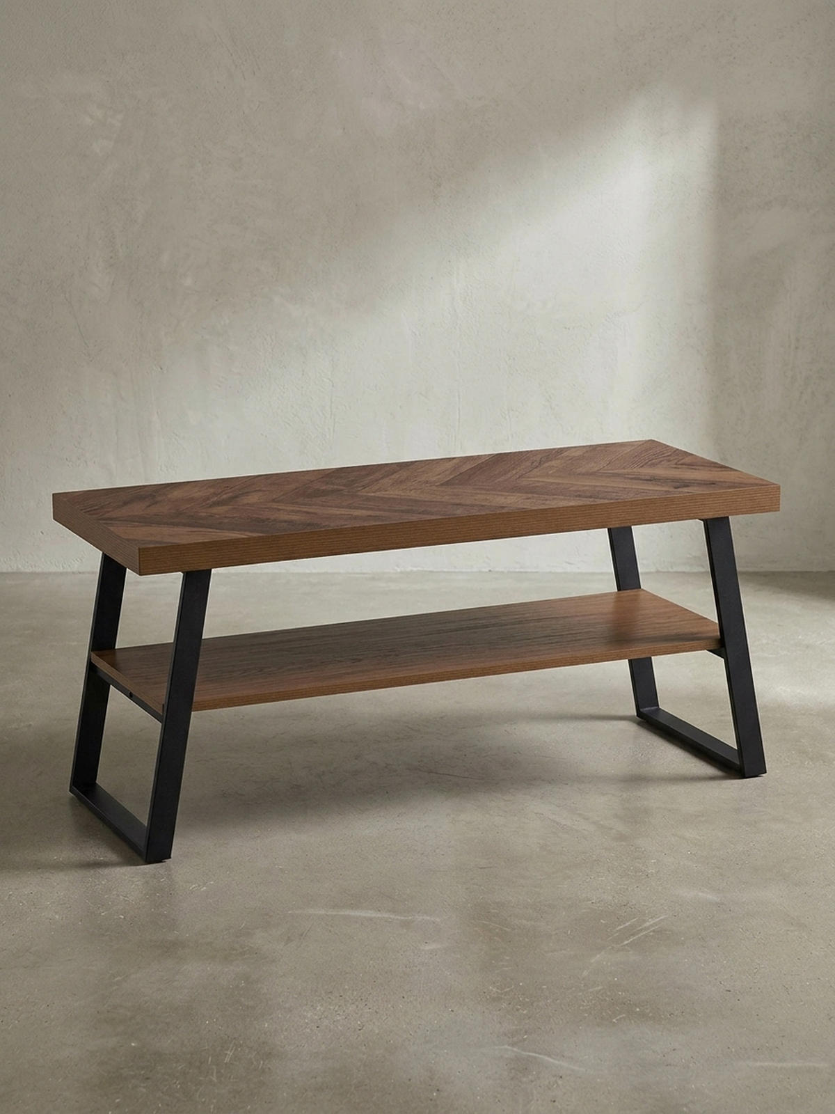 COUCHTISCH Braun Fischgrät-Muster 100x40x41cm mit Ablage und Metallgestell - Schwarz/Braun, Holz/Metall (40/100/41cm) - KADIMA DESIGN