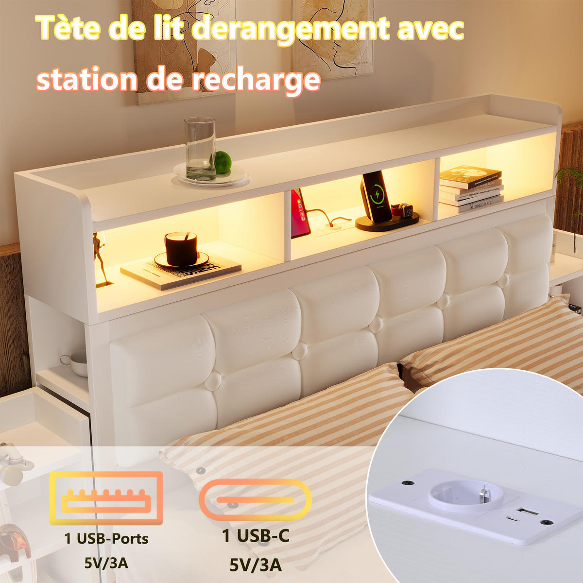 BETT 140x190 cm LED USB Ablage weiß - Weiß, Metall (140/190cm) - LEBENLANG