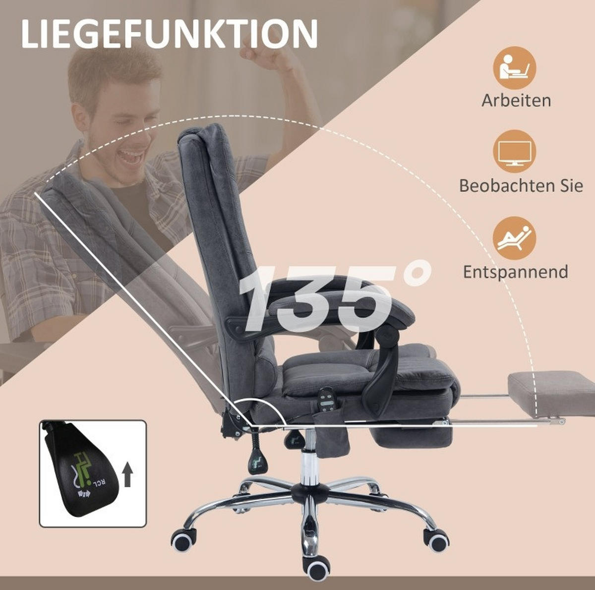GAMINGSTUHL 64/70/110-118 cm, Massage & Wärme, 135° neigbar, höhenverstellbar, Dunkelgrau - Dunkelgrau, Kunststoff (70/118/64cm) - Redom