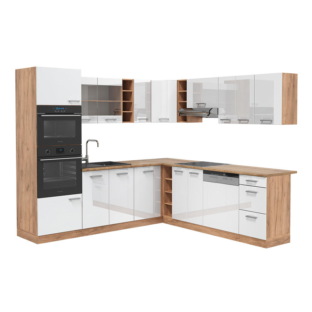 ECKKÜCHE R-Line Weiß Hochglanz/Goldkraft Eiche 237 x 60 cm ohne AP - Weiß Hochglanz/Eiche Wotan, Holzwerkstoff (247/81.6/46cm) - Vicco