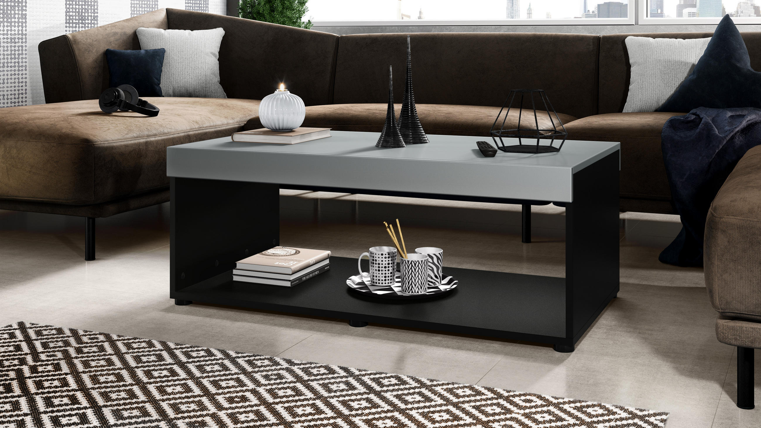 COUCHTISCH Pure Tischplatte und Blenden in Graphit seidenmatt - Graphitfarben, Holzwerkstoff (58/104/40.5cm) - Vladon