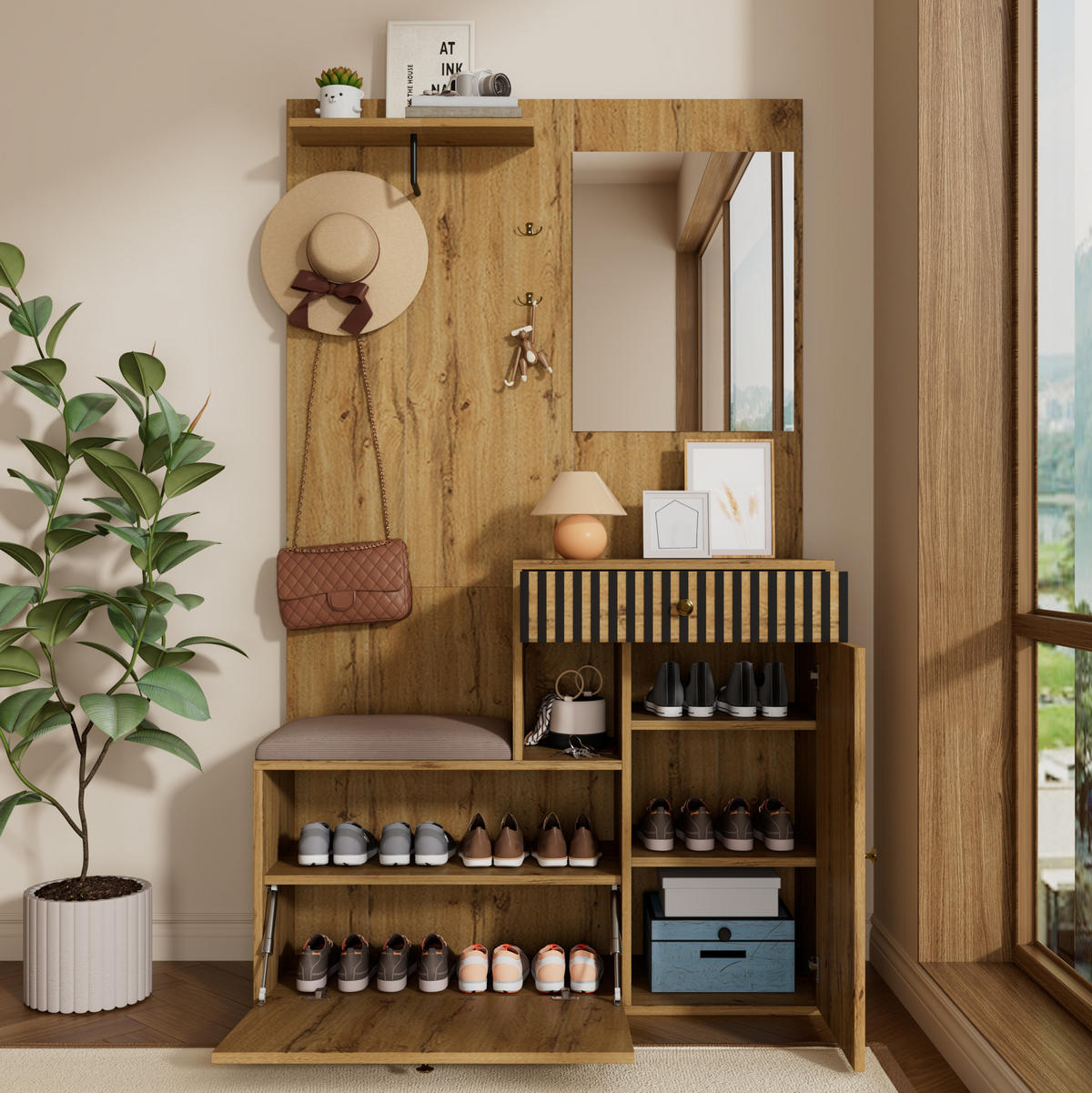 SCHUHSCHRANK aus MDF 110x37x185.5cm in Natur mit Spiegel - Naturfarben, Holzwerkstoff (110/185.5/37cm) - Modfu