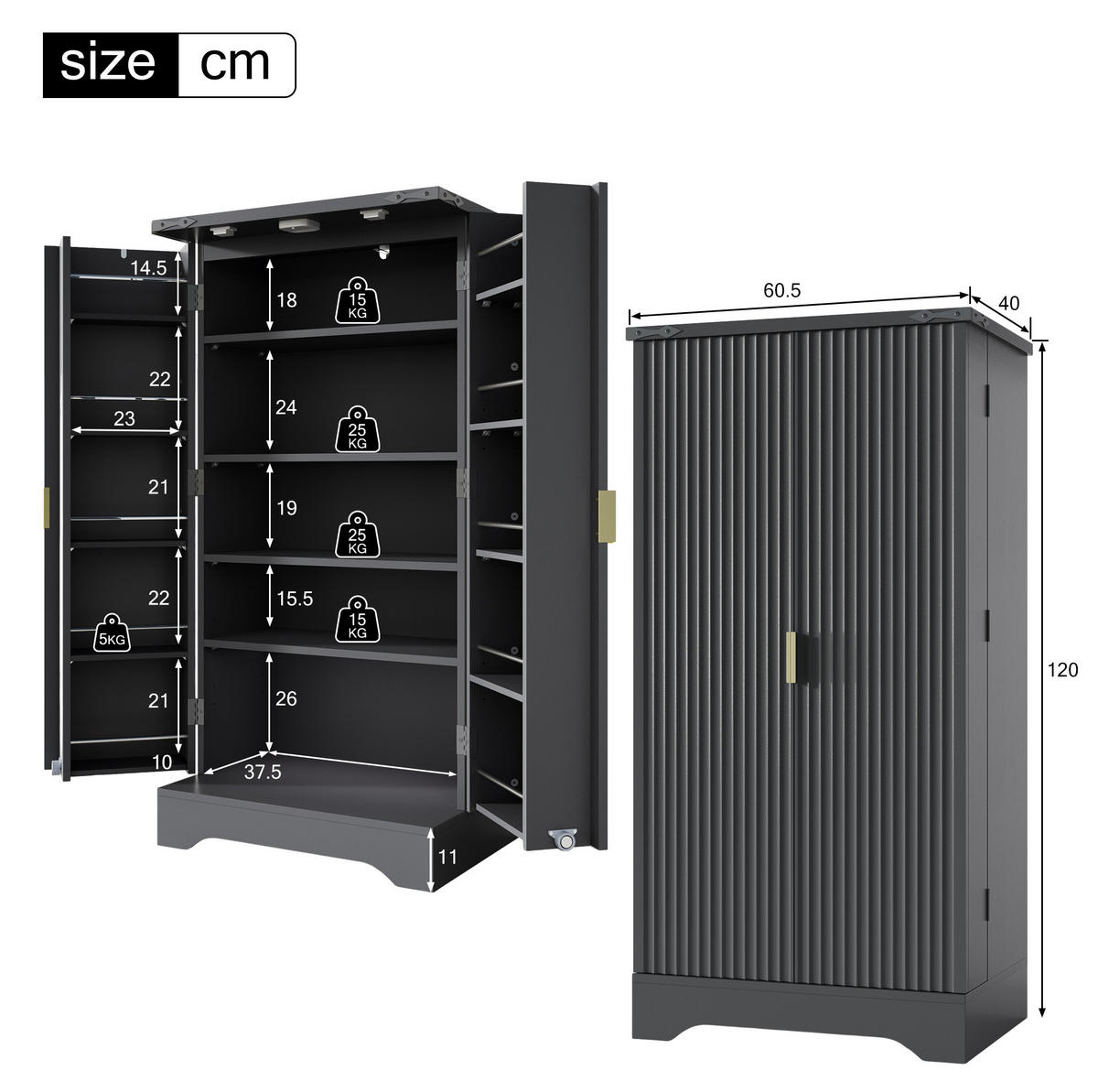 ANRICHTE 120/60,5/40 cm in Schwarz mit LED-Beleuchtung und verstellbaren Böden - Schwarz, Holzwerkstoff (60.5/120/40cm) - Flora Grace