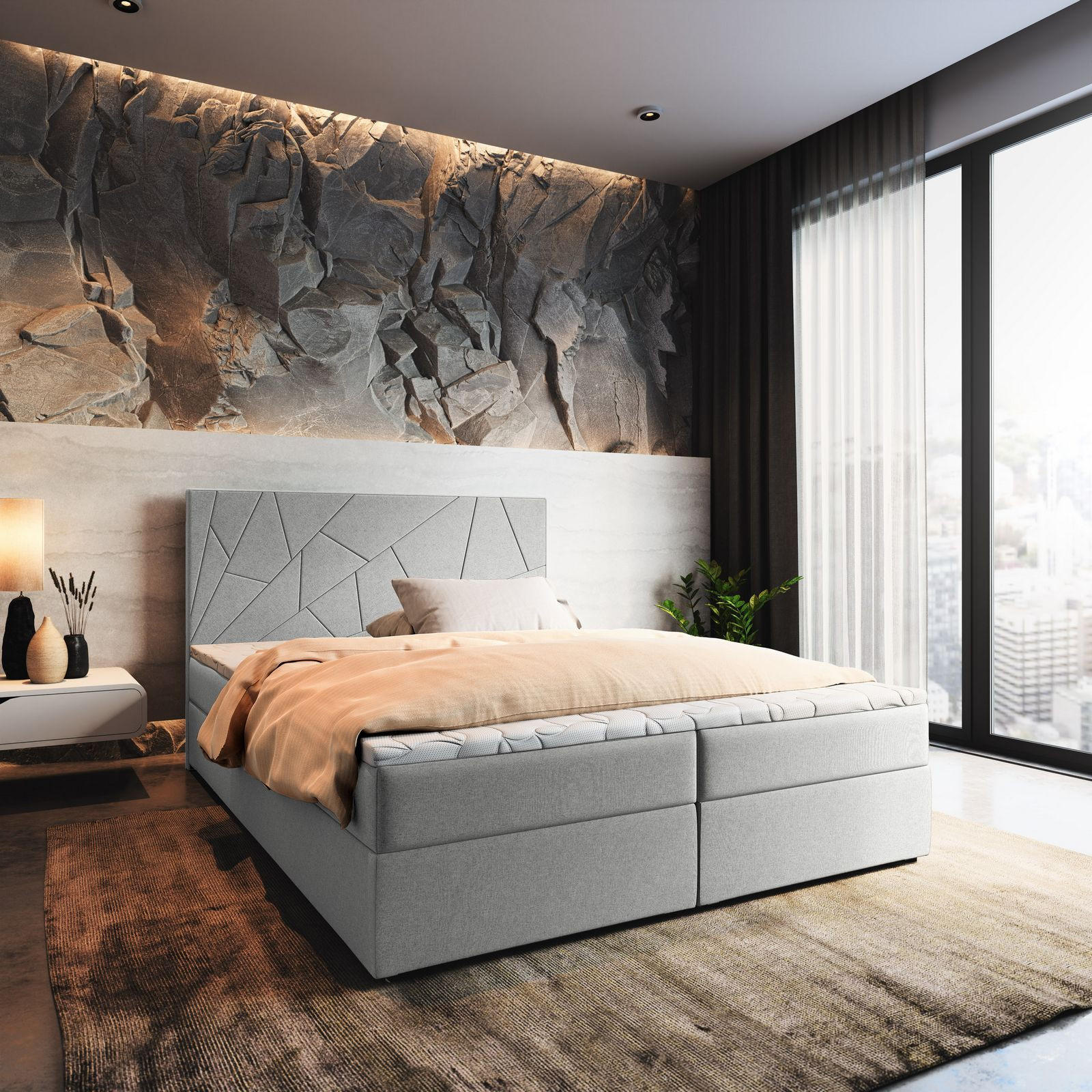 BOXBETT MADO 180x200 cm mit Matratze und Topper - Hellgrau - Hellgrau, Holz (180/200cm) - MASSENO