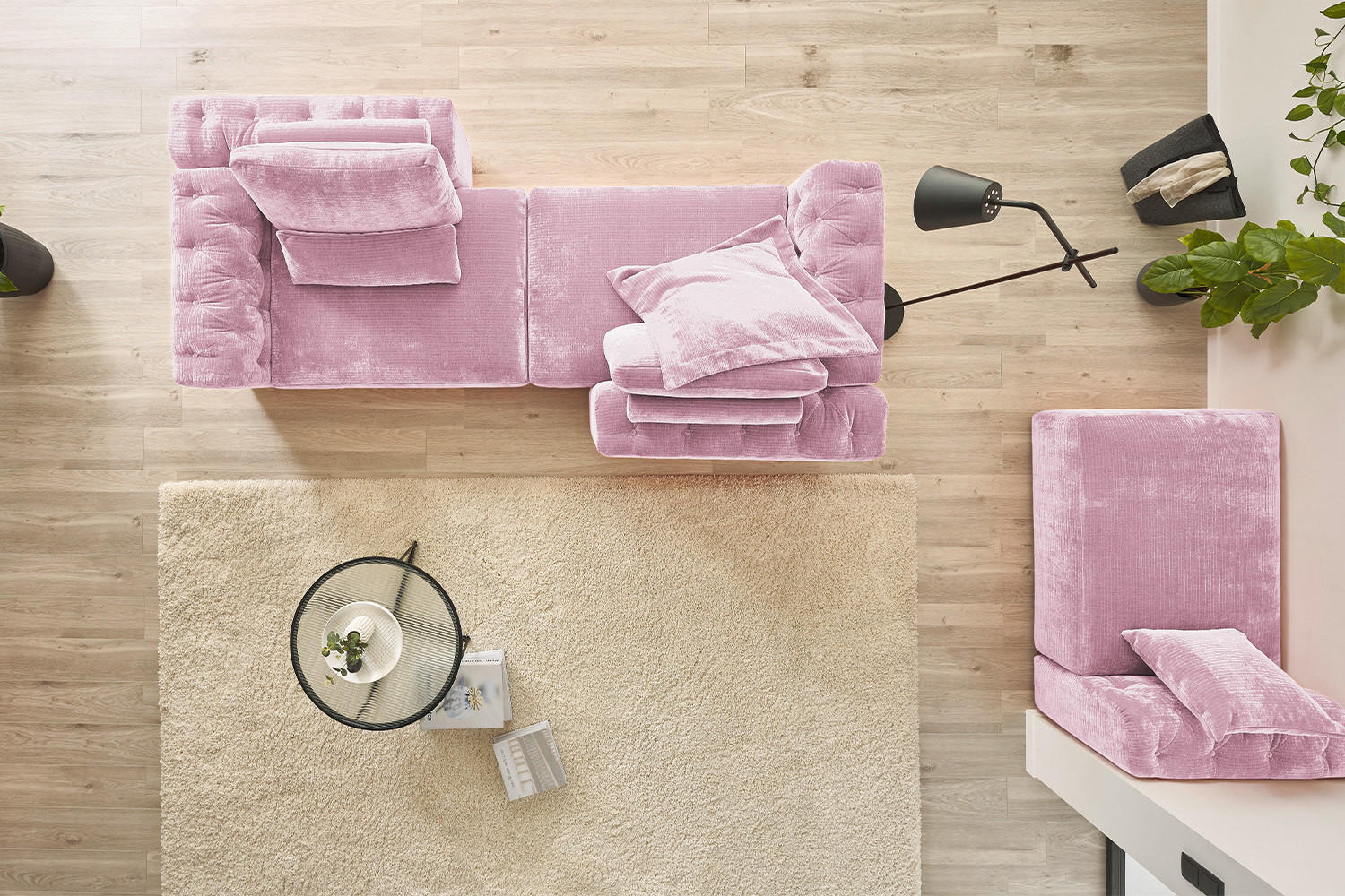 MODULSOFA SEPHI Pink Cord - Pink/Schwarz, Kunststoff/Textil (268/62/191cm) - KAWOLA