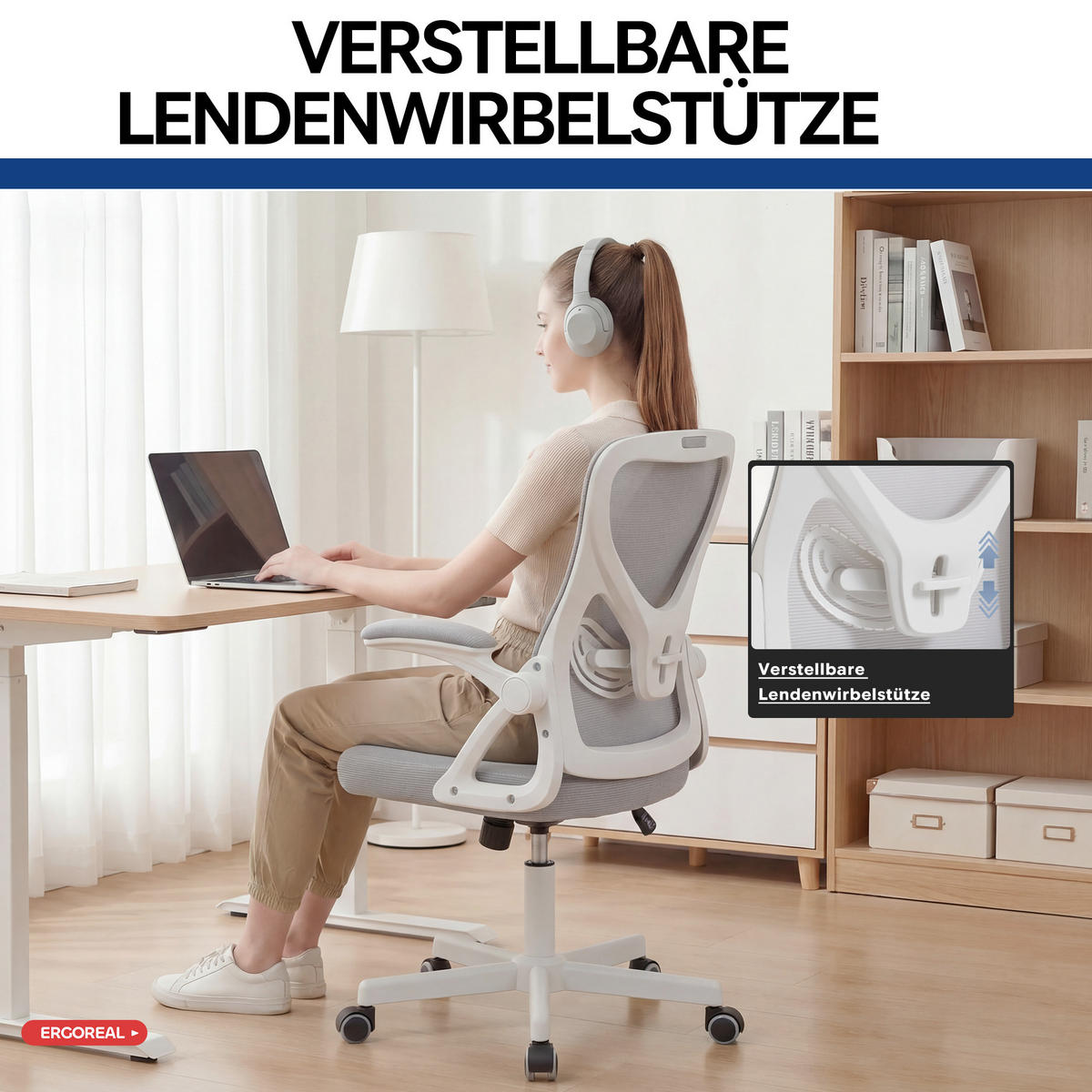 DREHSTUHL Gräulich-weiß mit verstellbare Rückenlehne und verstellbare Lendenwirbelstütze - Weiß, Kunststoff (65/104/65cm) - Oxeza
