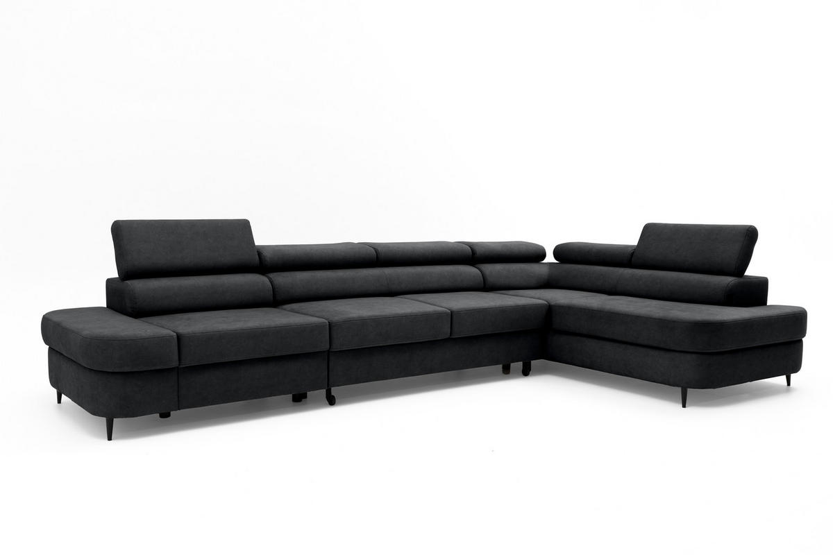 ECKSOFA PRIAM MAXI L-Form mit Schlaffunktion & Bettkasten, 6-Sitzer, 350cm, Verstellbare Kopfstützen, Ottomane Rechts - Anthrazit, Holz/Textil (350/203cm) - Muffo