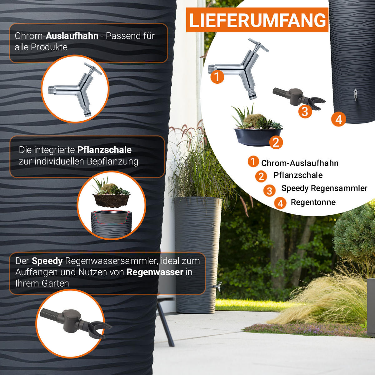 2IN1 Regentonnen Komplett-Set 350 L graphite grey - Grau, Kunststoff (62/150/62cm) - GARANTIA