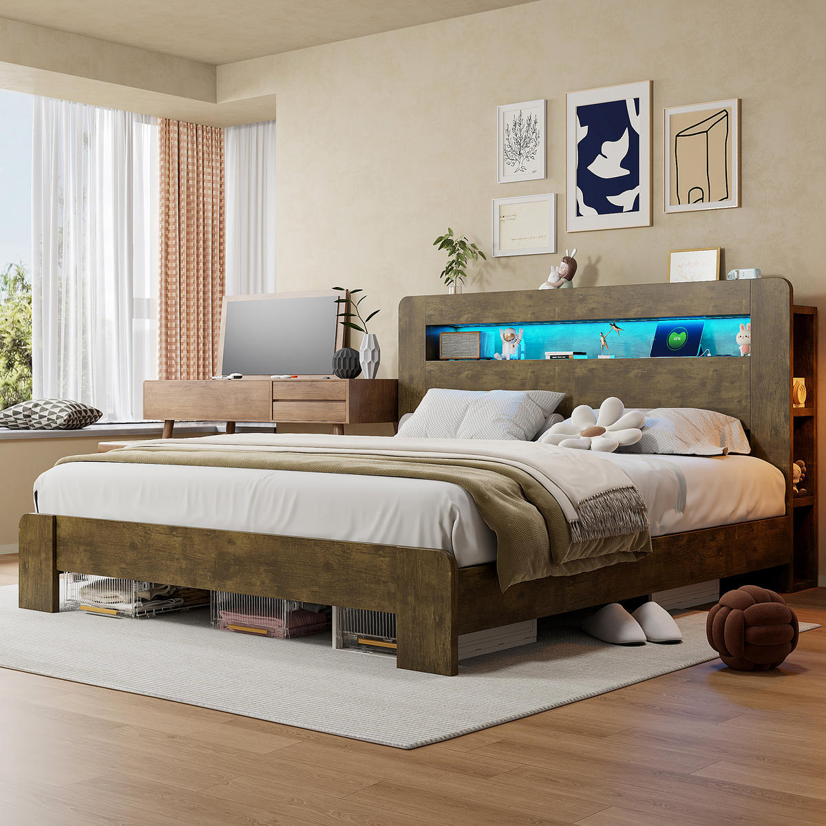 BETT 180/200 cm in Weiß Holz mit Stauraum, LED und Steckdosen - Nussbaumfarben, Holz/Holzwerkstoff (180/200cm) - WISHDOR