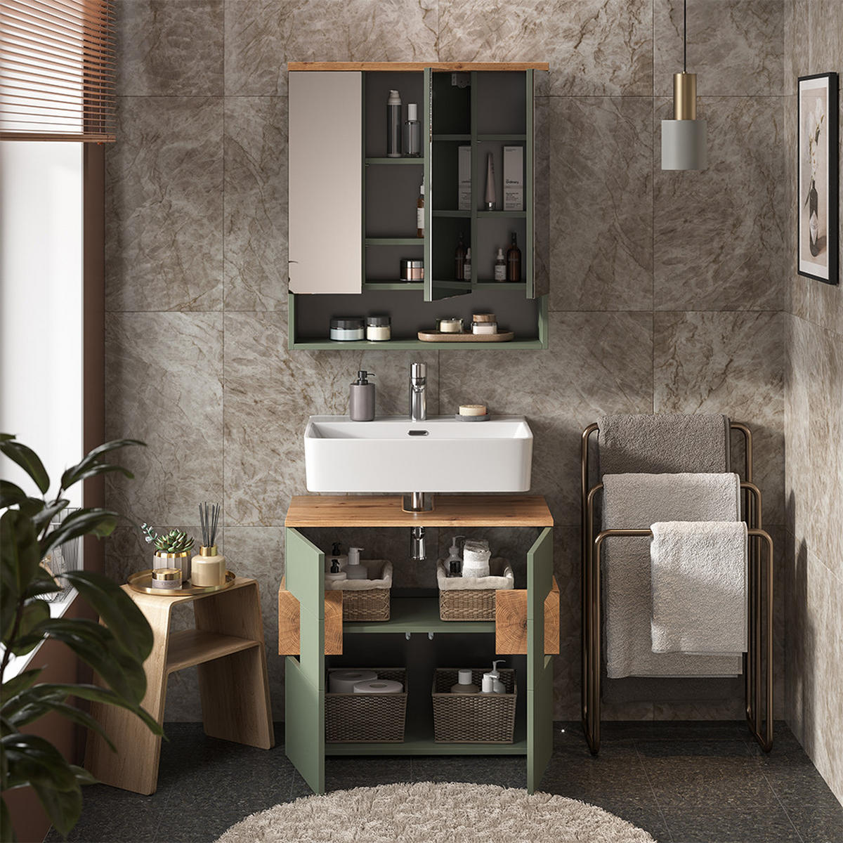 BADMÖBEL-SET Eden Grün/Artisan 2 Teile - Hellgrau/Grün, Holzwerkstoff (73/64/37cm) - Vicco
