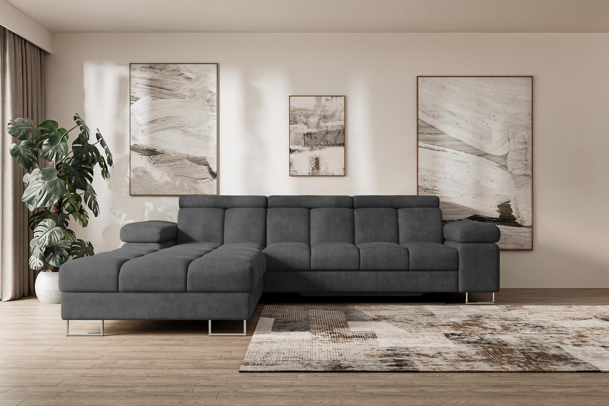 ECKSOFA mit Schlaffunktion Ottomane Links COMA L 271x203x79 Dunkelgrau Velours - Dunkelgrau, Holzwerkstoff/Textil (271/203cm) - ALTDECOR