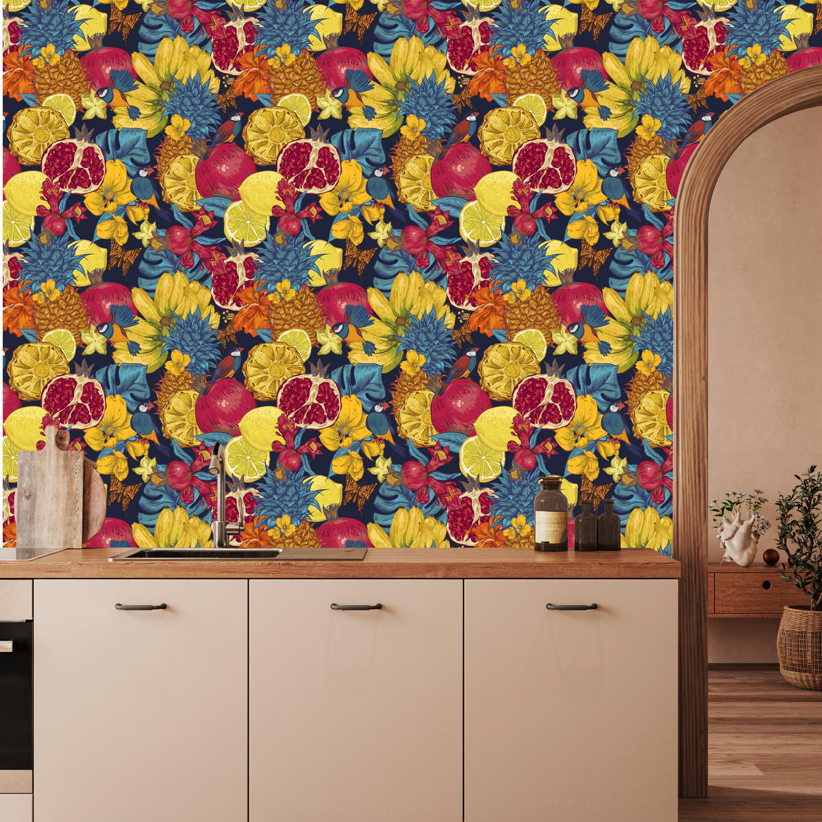 VLIESTAPETE Tropische Früchte, Blüten und Vögel – Bunt, Dunkelblau – 50x1000 cm - Multicolor/Dunkelblau, Papier (50/1000cm) - Muralo