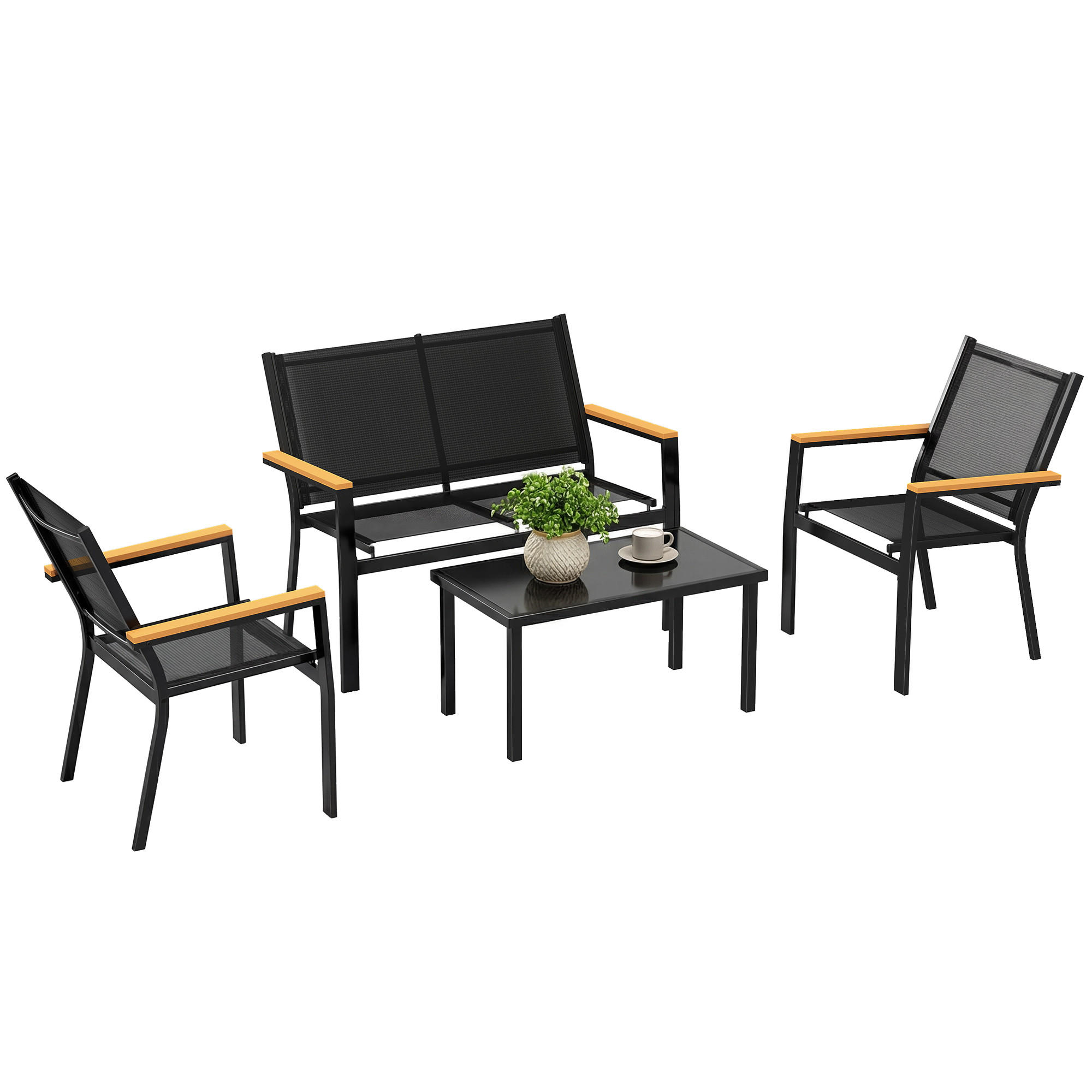 GARTENMÖBEL SET DE-06593 für 4 Personen, 2er Sofa, 2 Stühle, Beistelltisch Schwarz - Schwarz, Textil/Metall - ComfortXL