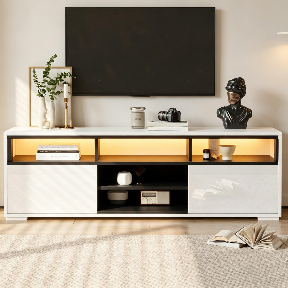 TV-LOWBOARD 150/35/50 cm weiß aus Spanplatte mit LED und Stauraum - Weiß, Holzwerkstoff (150/50/35cm) - OKWISH
