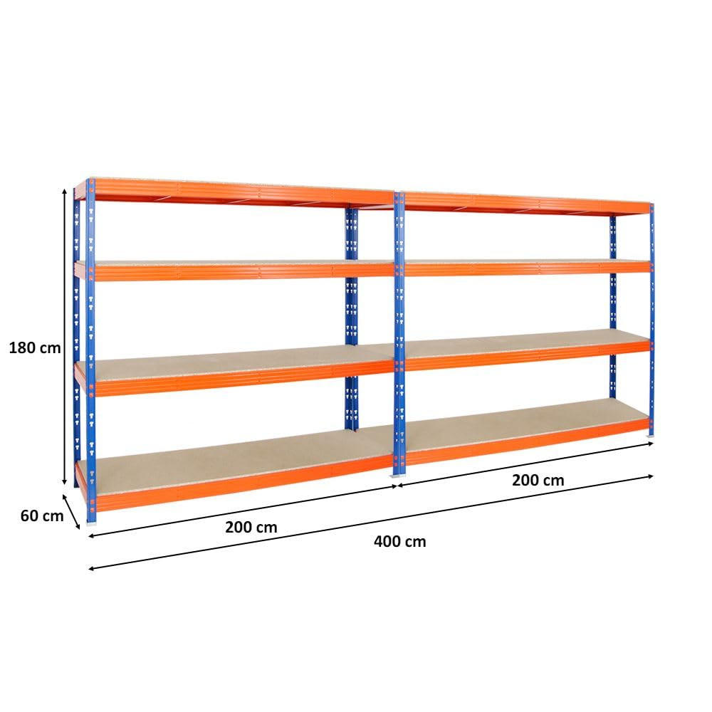 SCHWERLASTREGAL Rhino 2er-Set mit 2x 180x200x60 cm 4 Spanplatten-Ebenen 16mm Fachlast 500 kg Blau-Orange - Orange, Metall (400/180/60cm) - PROREGAL