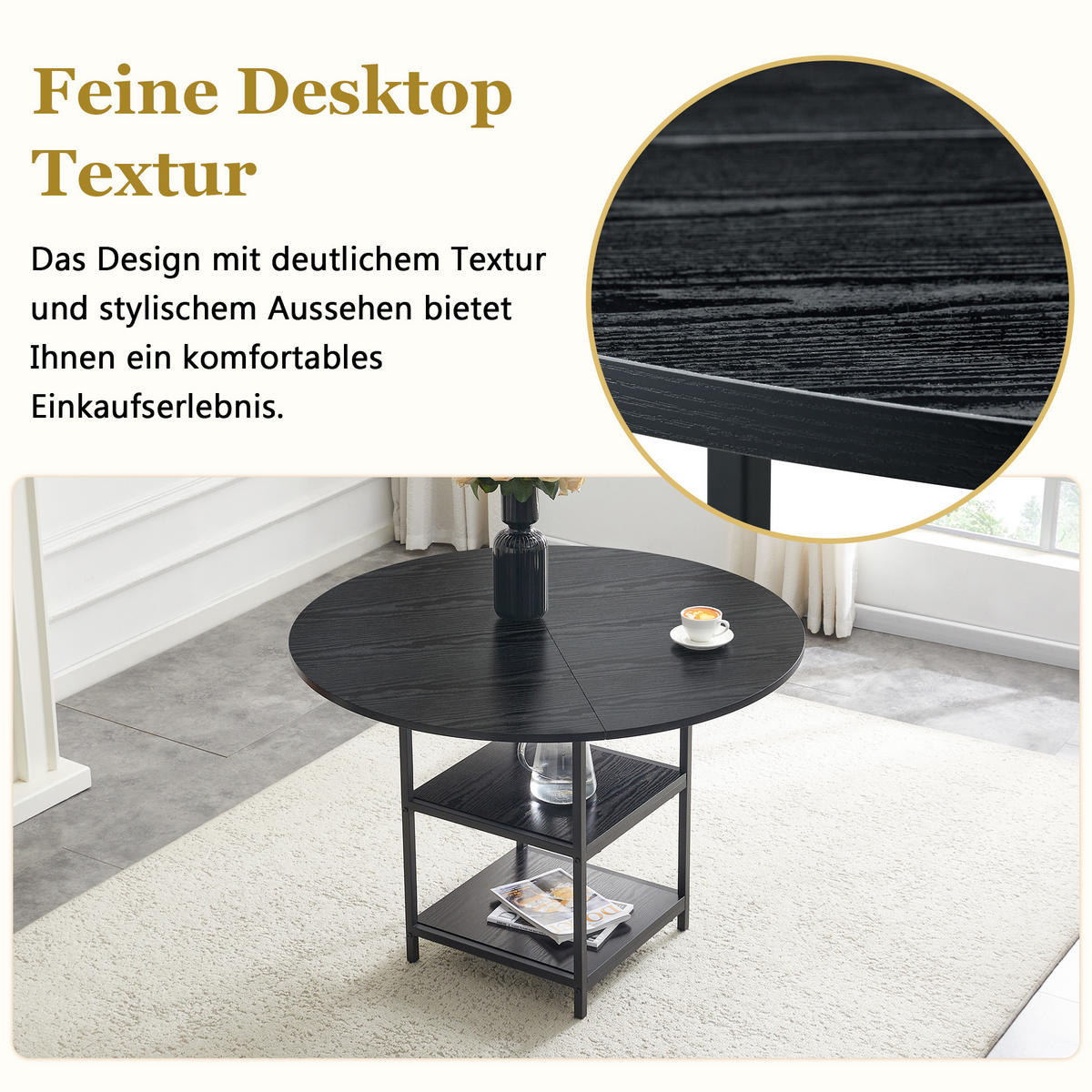 ESSTISCH 107/107/75 cm schwarz aus MDF und Metall mit 2 offenen Ablagen - Schwarz, Holzwerkstoff (107/107/75cm) - OKWISH