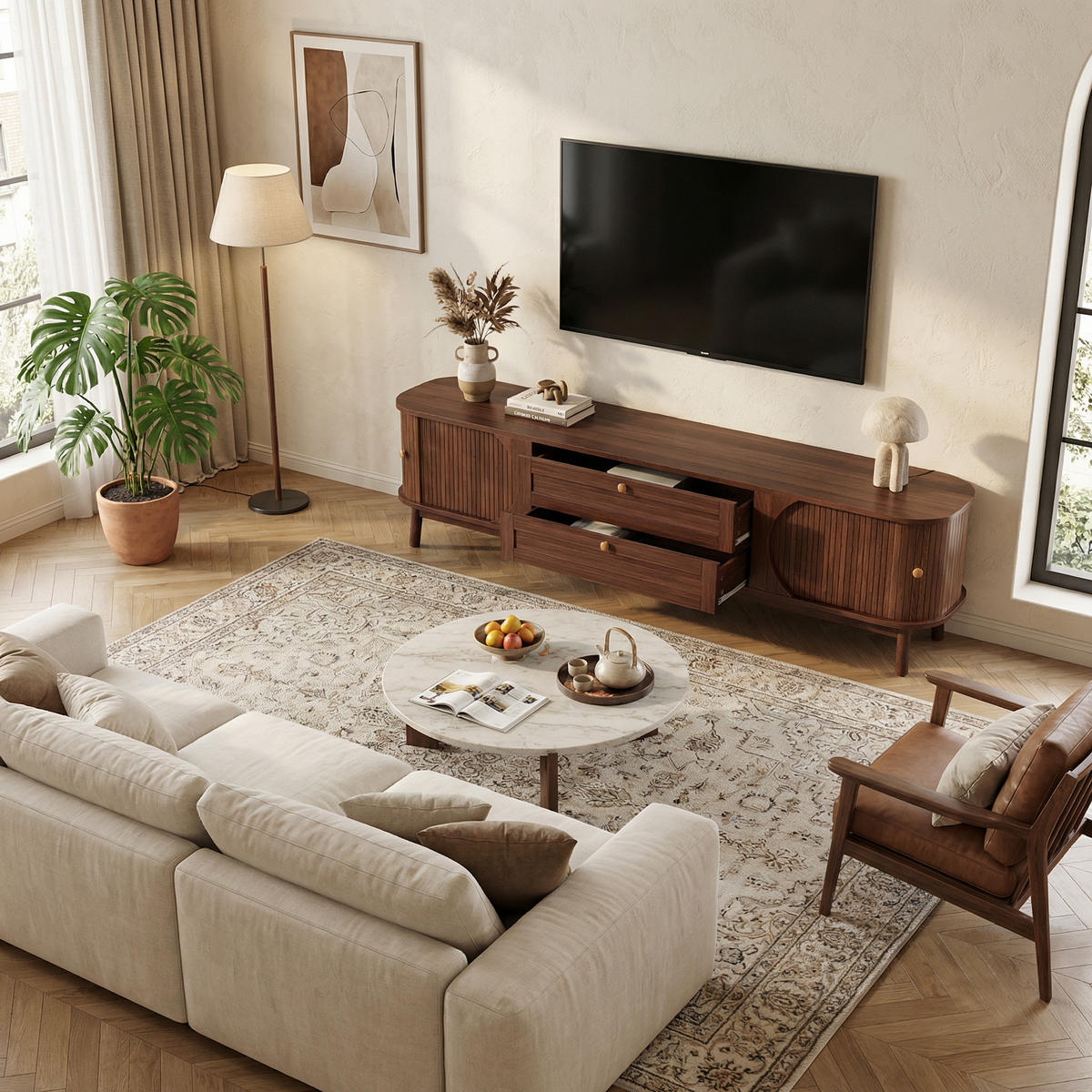 TV STOLIK in orech-Optik, Fernsehschrank s Schiebetüren - dub sonoma, kompozitné drevo (170/46/39cm) - Urban Meuble