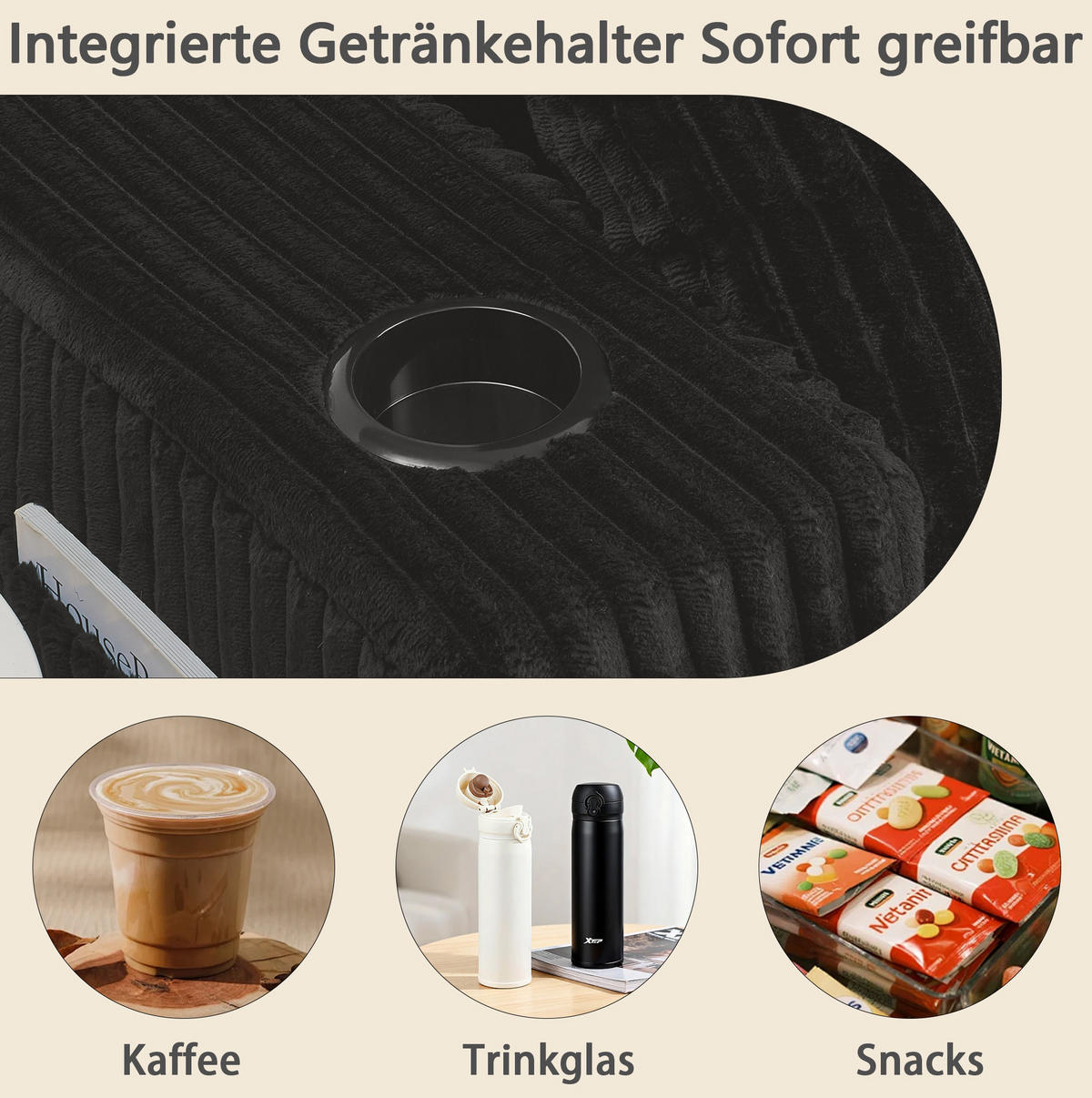 SCHLAFSOFA multifunktional als 2-Sitzer, Relaxsessel mit Magazintasche, Getränkehalter und Kissen, Schwarz - Schwarz, Kunststoff (186/78/154cm) - Redom