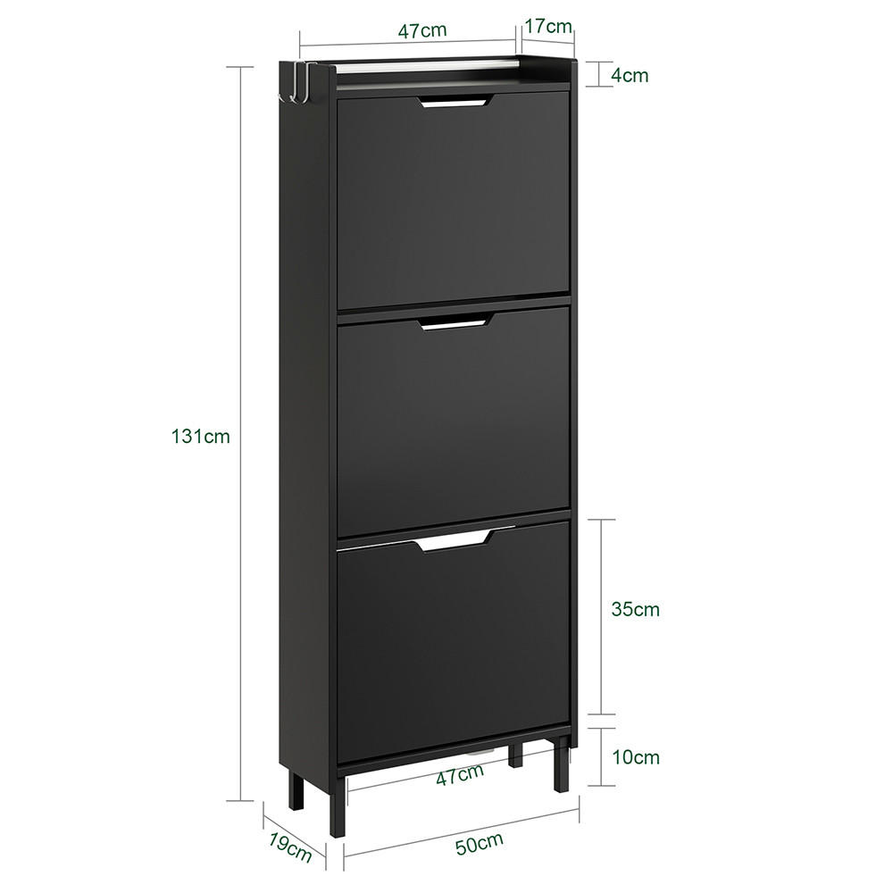SCHUHSCHRANK 3 Türen Schwarz 50x19x131cm Modern - Schwarz, Holzwerkstoff (19/131/50cm) - SoBuy