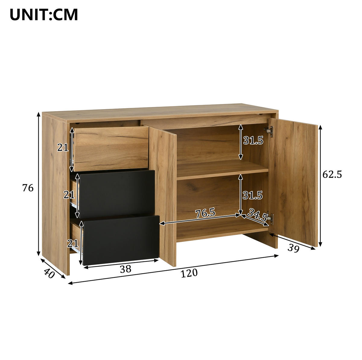 SIDEBOARD 120/40/76 cm mit LED-Beleuchtung, 3 Schubladen, 2 Türen und verstellbarem Einlegeboden aus Spanplatte, Natur/Schwarz - Schwarz, Holzwerkstoff (120/76/40cm) - Redom