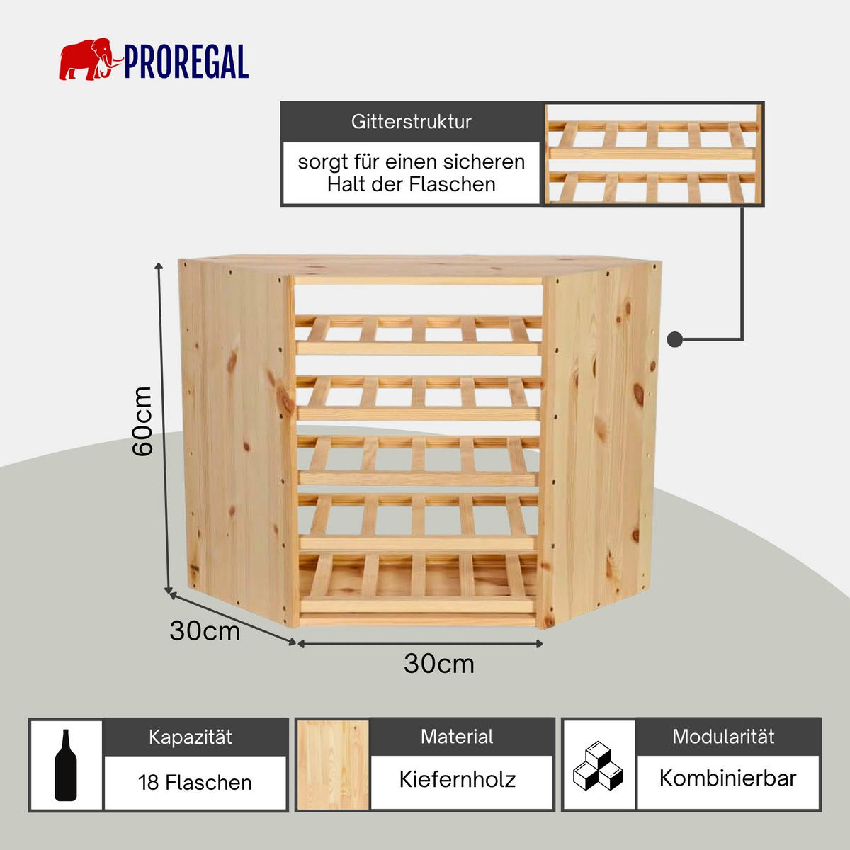 WEINREGAL Vincellar Mod 60x30x30 cm Eckmodul Für 18 Flaschen Massives Kiefernholz Natur - Naturfarben, Holz (30/60/30cm) - PROREGAL