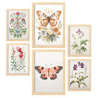 POSTER Set Mit 6 Blumen & Schmetterlinge A3 & A4 Rahmen Aus Hellem Holz - Beige, Papier (29/3cm) - Nacnic