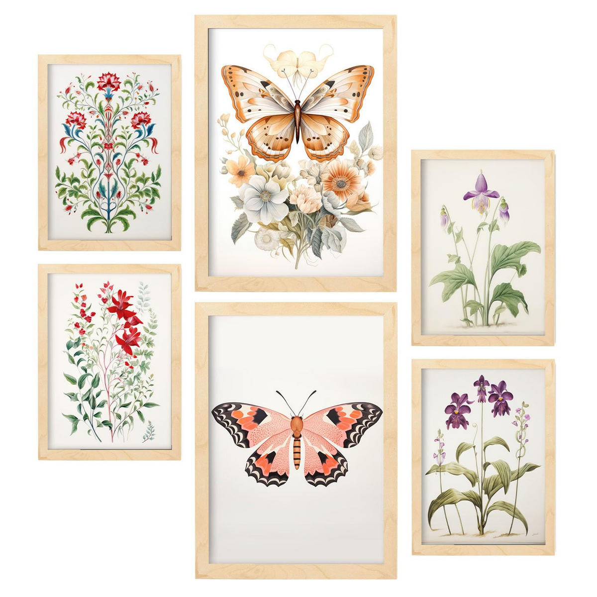 POSTER Set Mit 6 Blumen & Schmetterlinge A3 & A4 Rahmen Aus Hellem Holz - Beige, Papier (29/3cm) - Nacnic