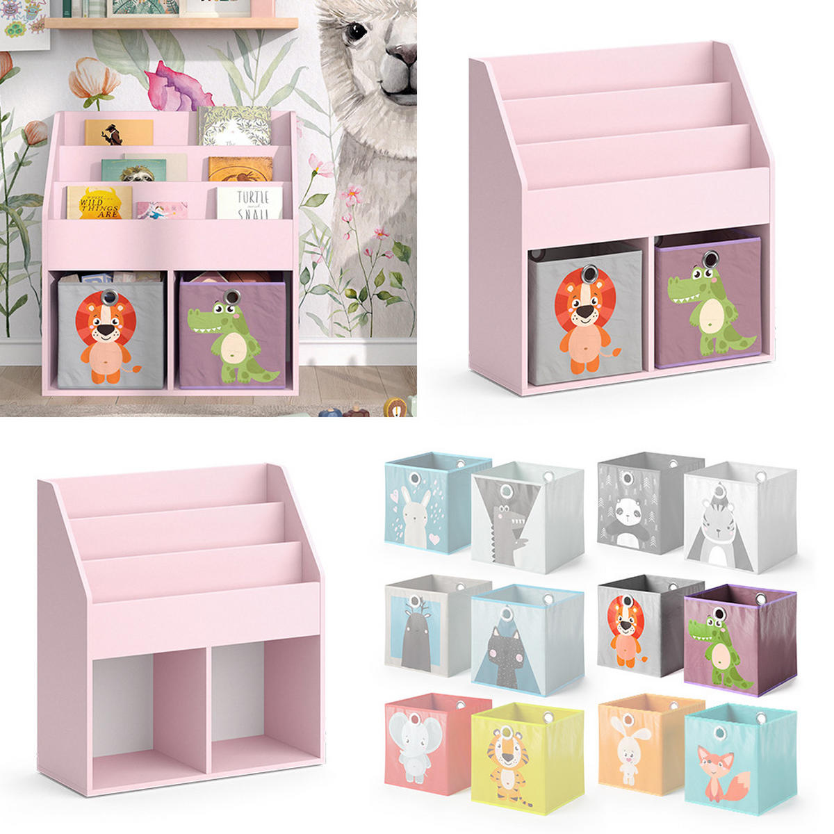 KINDERREGAL Luigi Rosa 72 x 79 cm mit 2 Faltboxen (Löwe, Krokodil) - Pink, Holzwerkstoff (72/79/30.7cm) - Vicco
