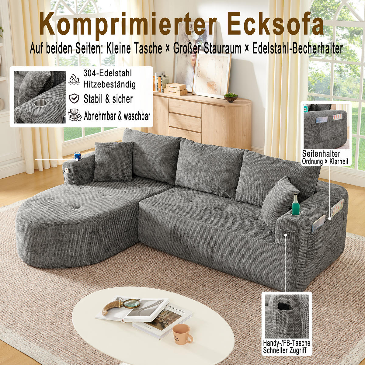 ECKSOFA 255/171/64 cm Grau Leinen mit 2 Getränkehalter - Grau, Textil (255/171cm) - Oxeza