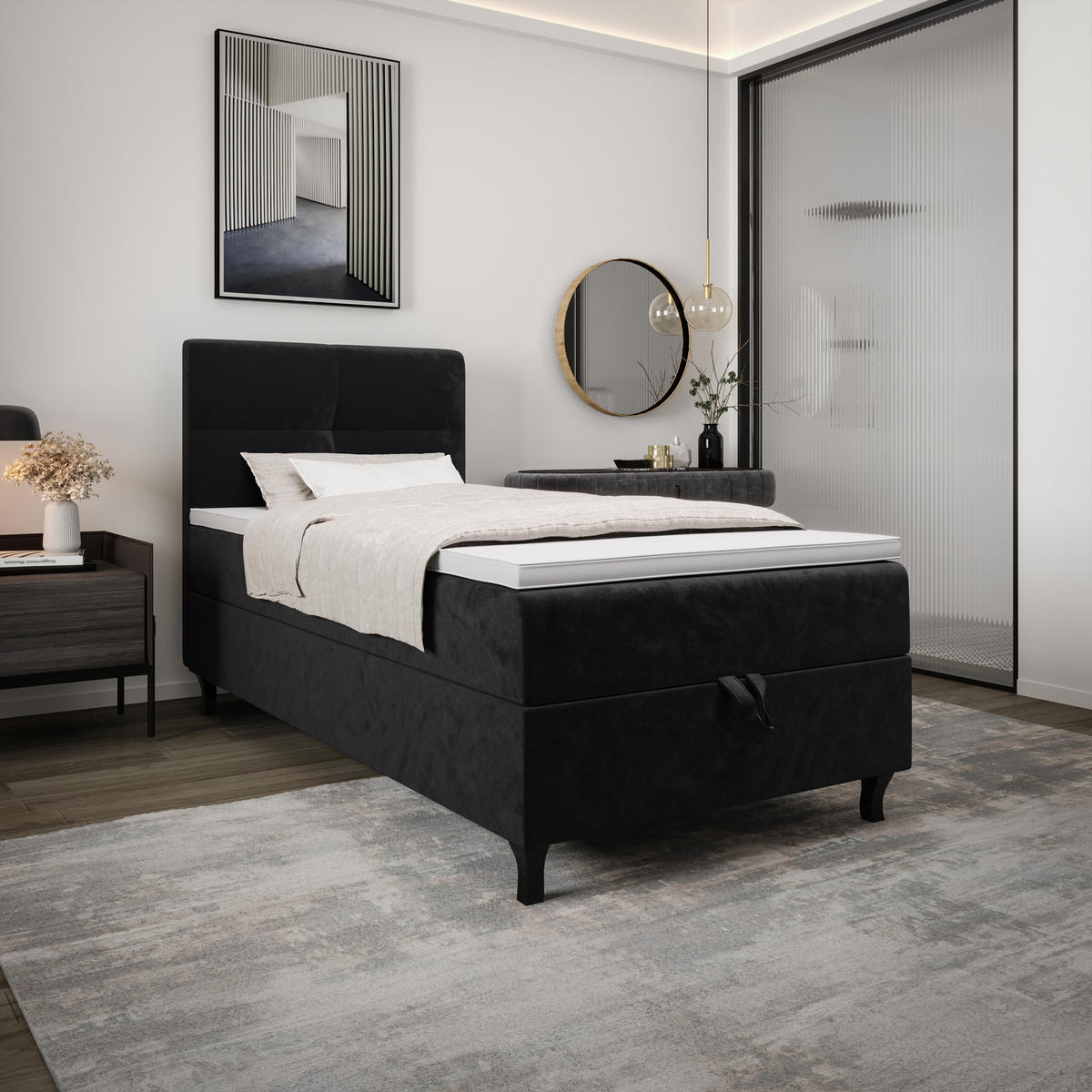 BOXBETT LIMBA mit Matratze H3 und Topper 80x200 Monolith 97 - Dunkelgrau, Holz/Textil (80/200cm) - Bedante