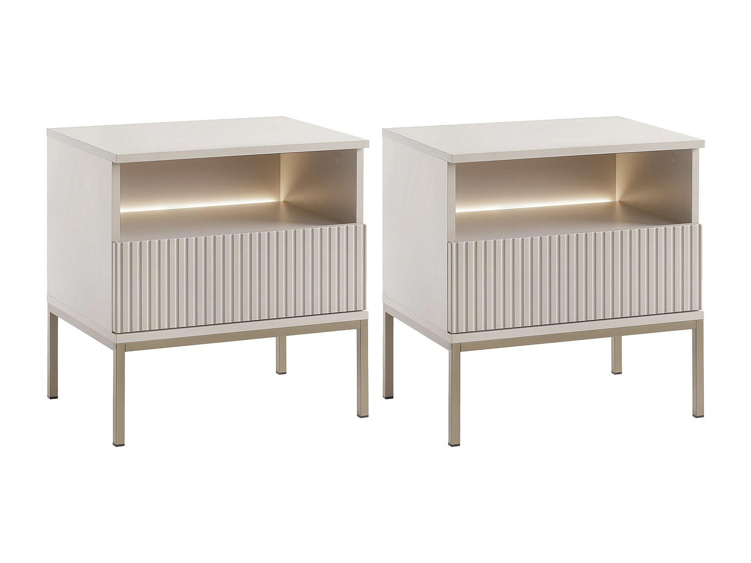 2ER-SET Nachttische mit 1 Schublade & 1 Ablagefach - Mit LED-Beleuchtung - MDF & Rauchglas - Beige - OVILA - Beige, Holz (53.6/56.2/39cm) - Vente-Unique
