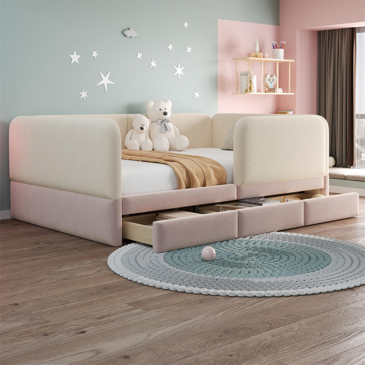 POLSTERBETT 140x200 cm mit Rundum-Sicherheitsumrandung & 3 Schubladen - Beige&Rosa - Samt - ohne Matratze - Pink, Textil (140/200cm) - DELFA