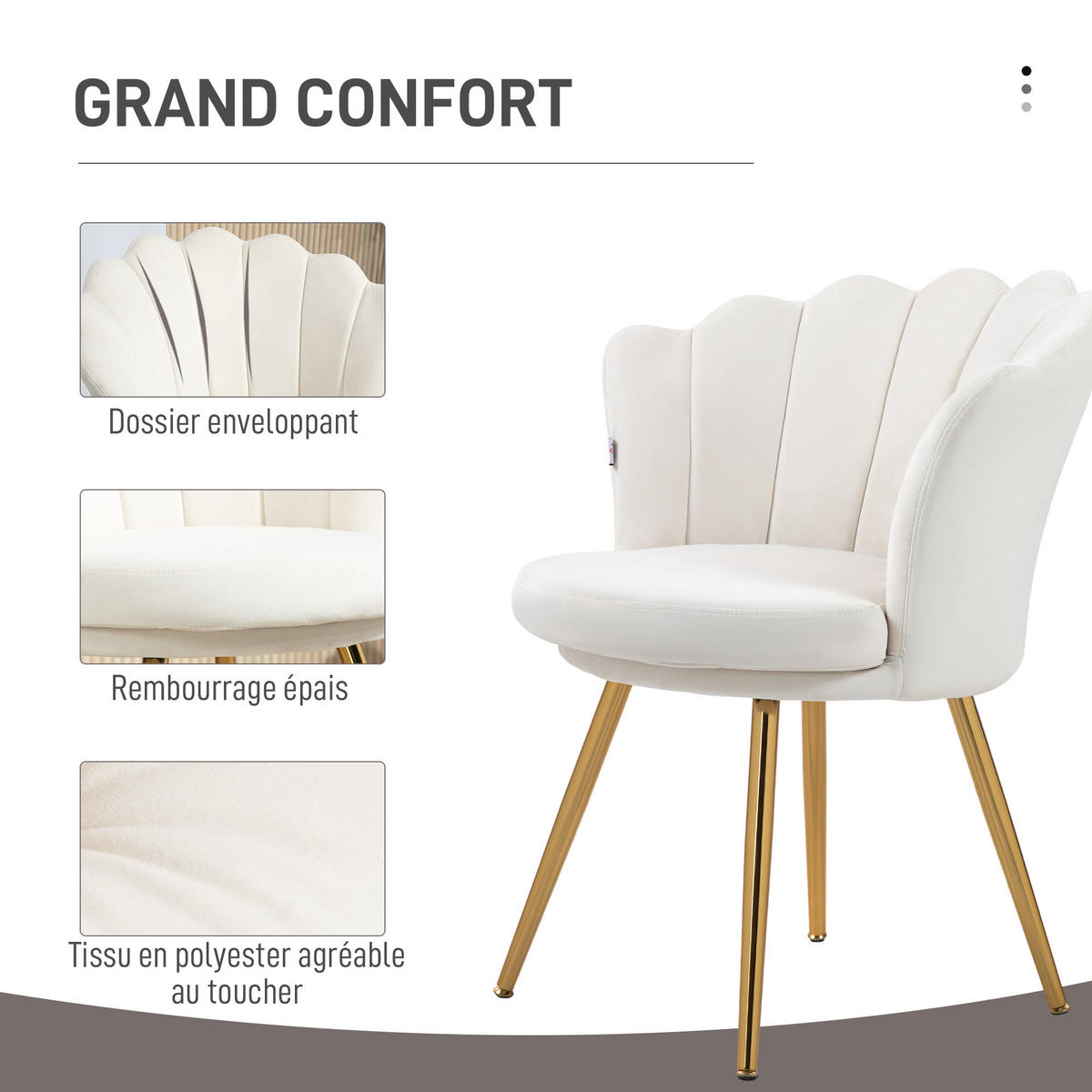 ARMLEHNSTUHL DE-13229 Muschelform & goldene Metallfüße Creme - Creme, Metall (64/77/67cm) - ComfortXL