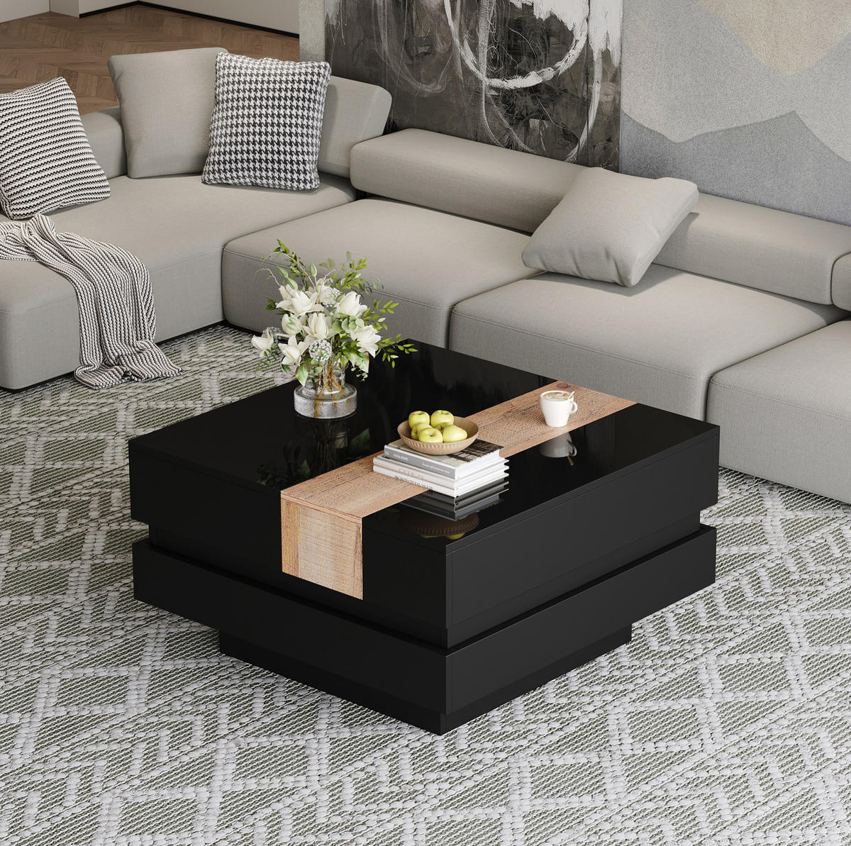 COUCHTISCH 70/70/39 cm mit Stauraum und ausziehbarer Tischplatte - Schwarz, Holzwerkstoff (70/70/39cm) - Flora Grace