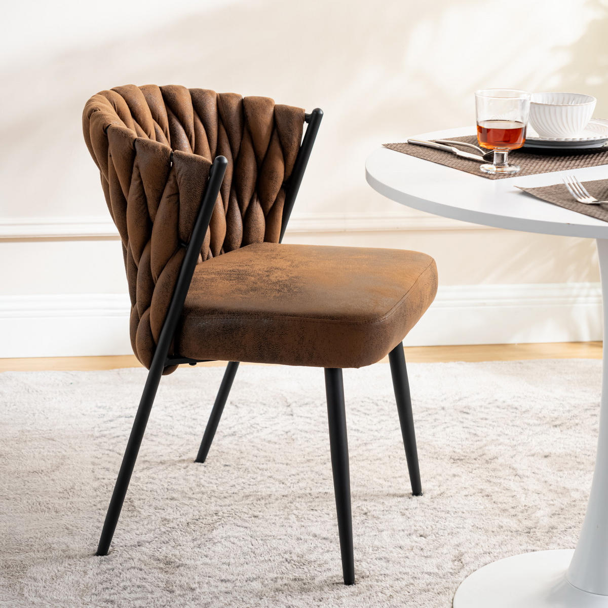 ESSZIMMERSTUHL 6er-Set mit Stoffbezug und geflochtener Rückenlehne Suede - Braun, Textil (44.5/77/46cm) - Meubles Cosy