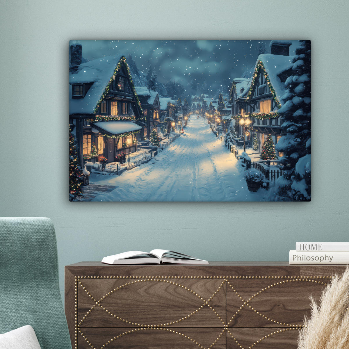 LEINWANDBILD Weihnachtsdorf - Weihnachten - Schnee - Winter Wanddeko 90x60 cm - Dunkelblau, Textil (90/60cm) - MuchoWow