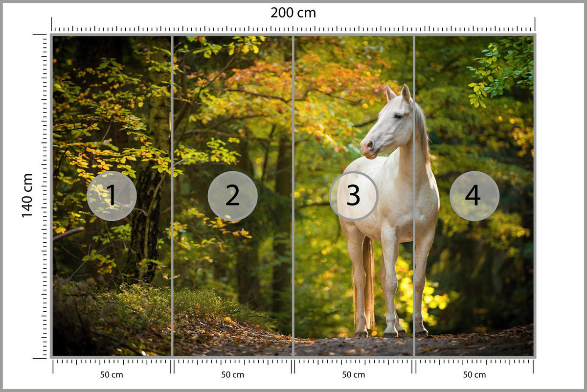 FOTOTAPETE für Schlafzimmer Weißes Pferd Wald Bäume Blätter 200x140 - Gelb/Beige, Papier (200/140cm) - Muralo