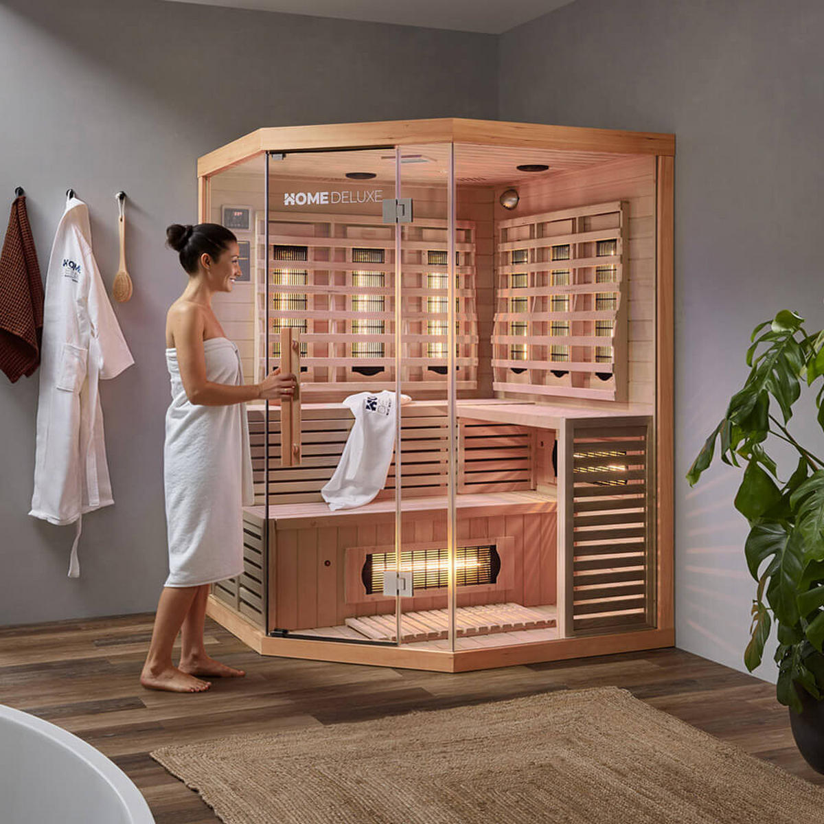 INFRAROTKABINE mit Vollspektrumstrahler SAHARA XXL - 150 x 150 cm für 4 Personen - Braun, Holz (150/200/150cm) - Home Deluxe