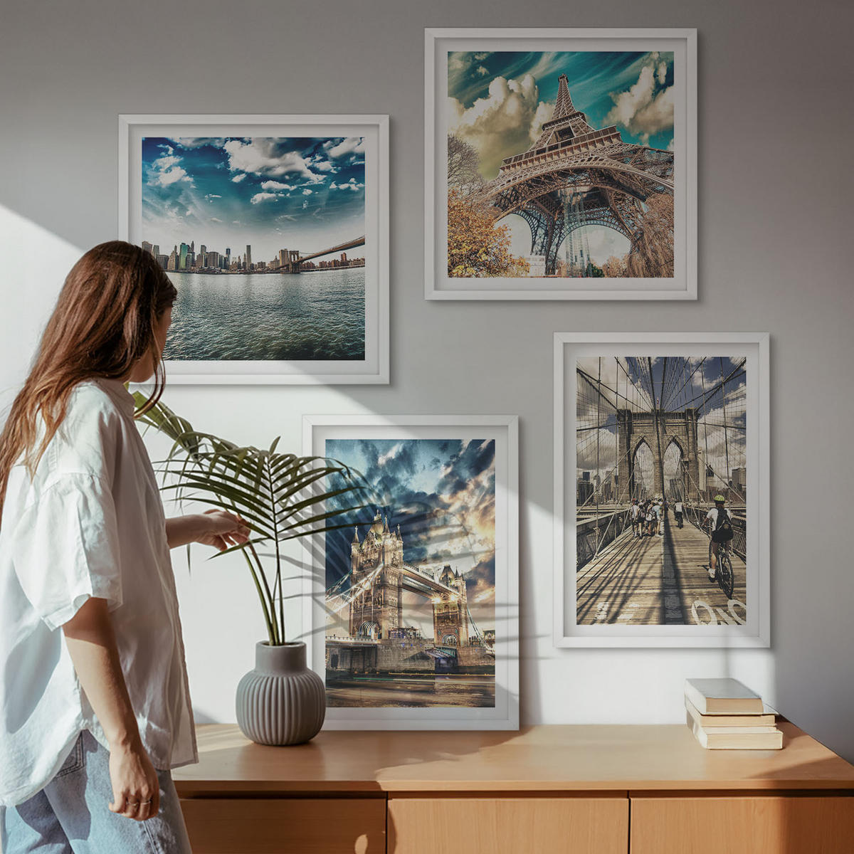 WANDBILDER 4er-Set - 50x50 cm & 40x60 cm Weißer Rahmen - Turmbrücken in europäischen Städten - Weiß, Kunststoff (50/50cm) - ArtPrintCave