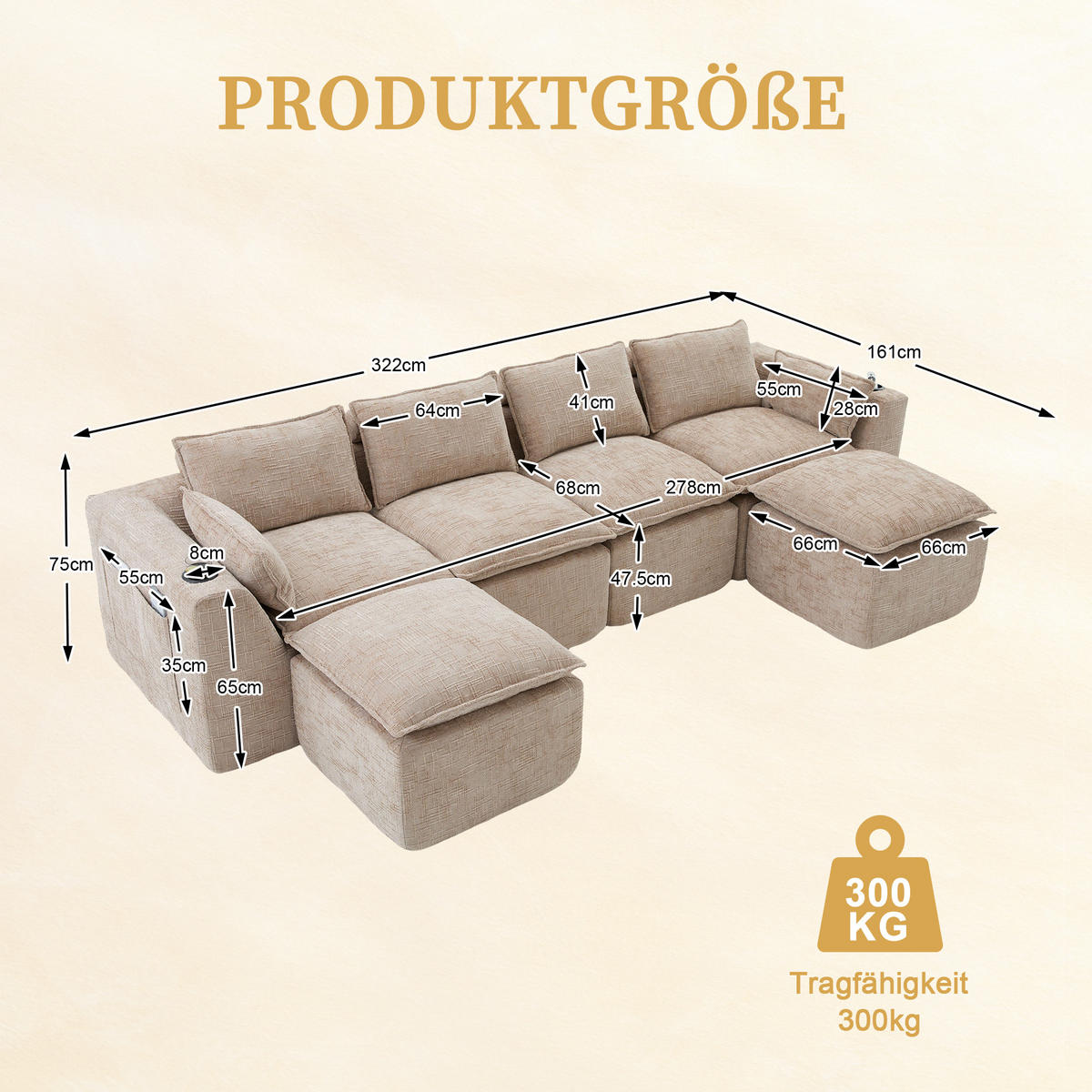 CANAPEA CU 4 LOCURI din chenille, cu 2 taburete și suporturi pentru băuturi - nisipiu, material textil (322/75/161cm) - Urban Meuble