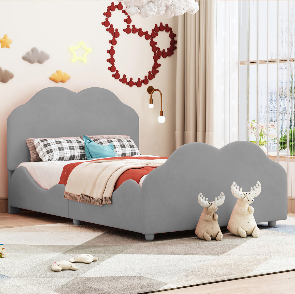 KINDERBETT 90/200 cm mit hohem Geländer, wolkenförmigem Kopf- und Fußteil und Samtbezug, Grau - Grau, Textil (90/200cm) - Redom