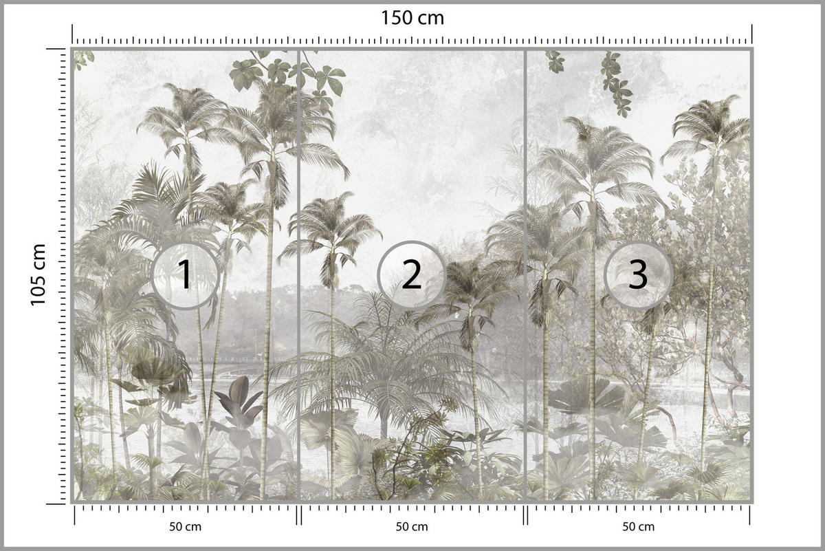 FOTOTAPETE für Wohnzimmer Tropische Bäume Fluss Grau Palmen 150x105 - Beige/Grau, Papier (150/105cm) - Muralo