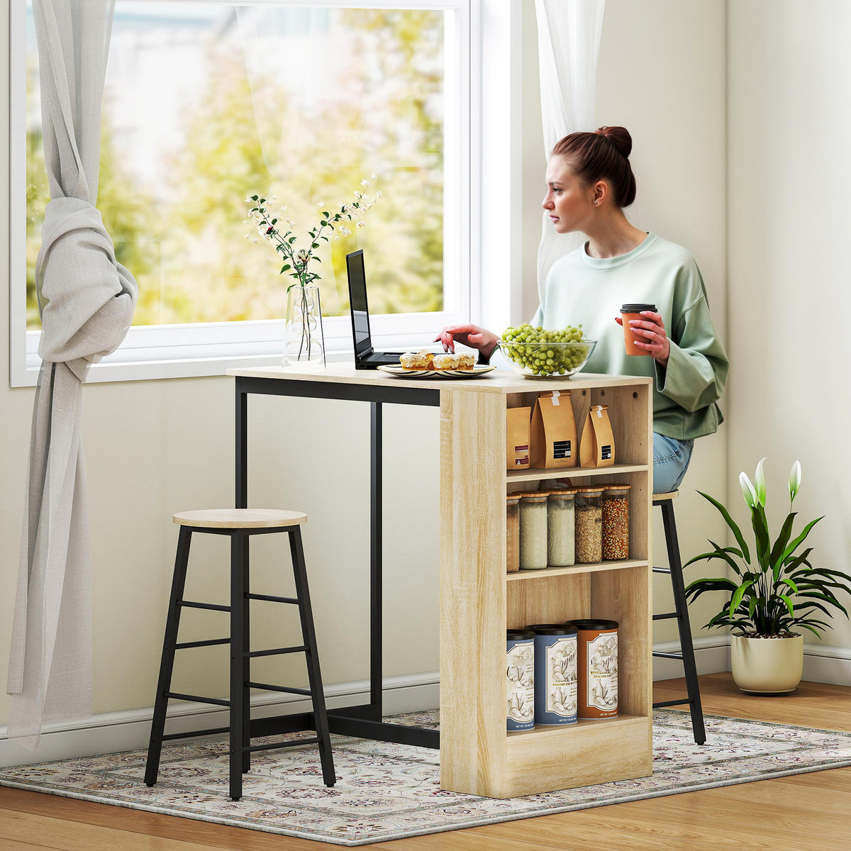 BARTISCH mit Barhocker Set, 3-tlg. Bartisch-Set mit Küchentisch, Stauraum - Multicolor, Metall (49/91/91cm) - HOMCOM