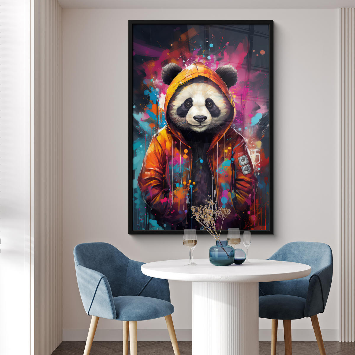 GERAHMTES BILD Panda - Jacke - Graffiti - Orange 80x120 cm - Orange, Papier (80/120cm) - MuchoWow