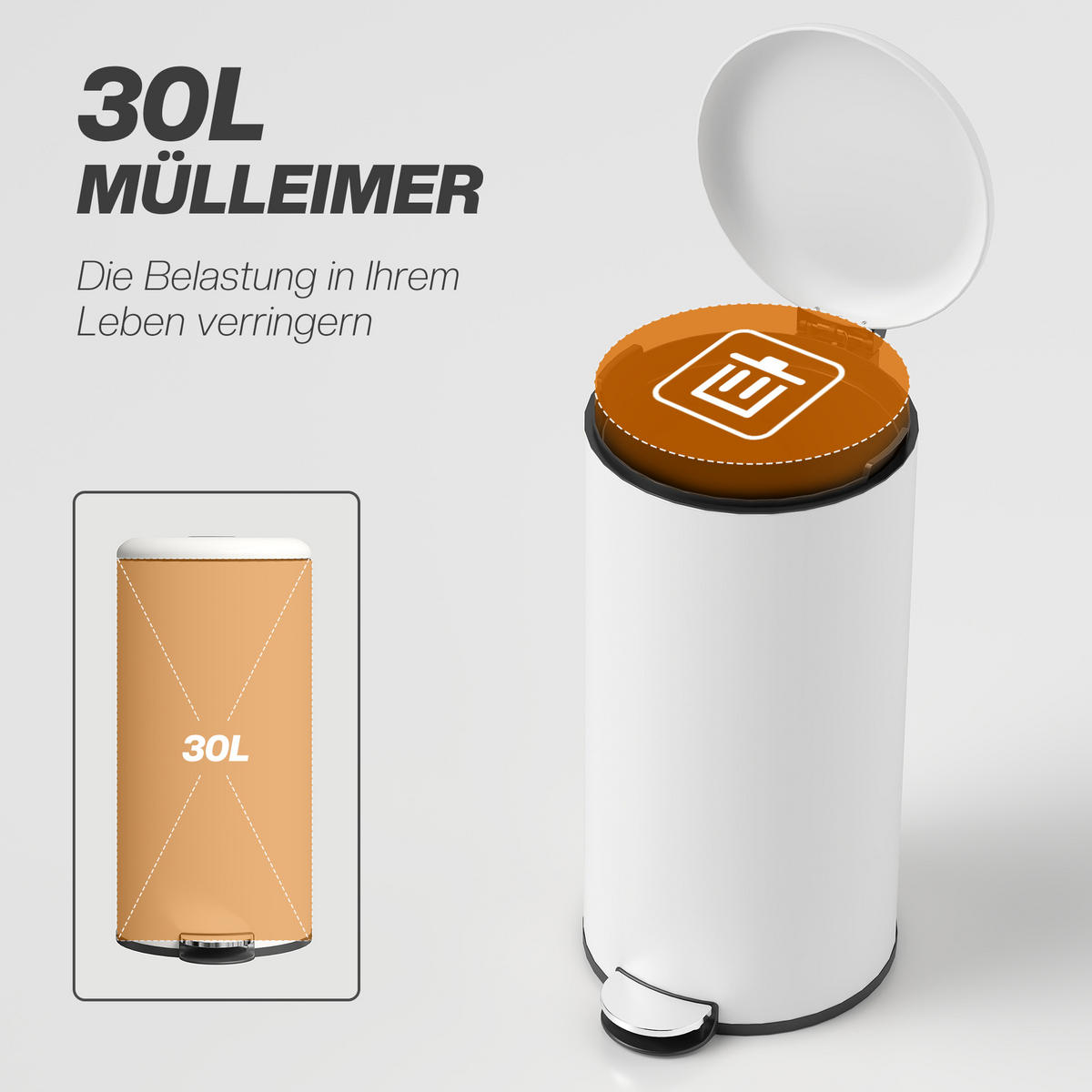 MÜLLEIMER 30L Treteimer mit Deckel Fußpedal Inneneimer, Wohnzimmer Büro Metall - Weiß, Kunststoff (30/63.5/36cm) - HOMCOM