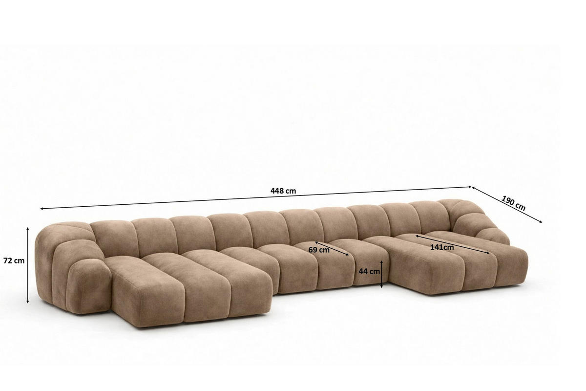 ECKSOFA Modulare U-Form, Veloursstoff Bluvel, Latte, CROISSANT U XL - Hellbraun, Holz (448/72/190cm) - Kaiser Möbel