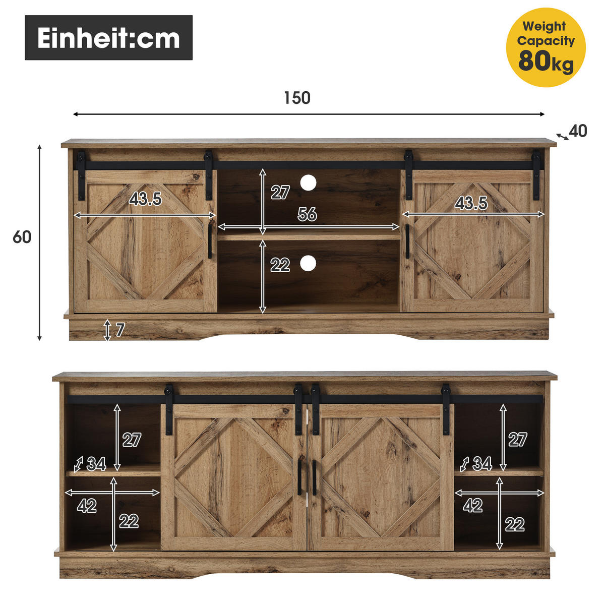 TV-SCHRANK 150/40/60 cm rustikales Braun mit 2 Schiebetüren und höhenverstellbaren Regalen - Braun, Holzwerkstoff (150/60/40cm) - OKWISH
