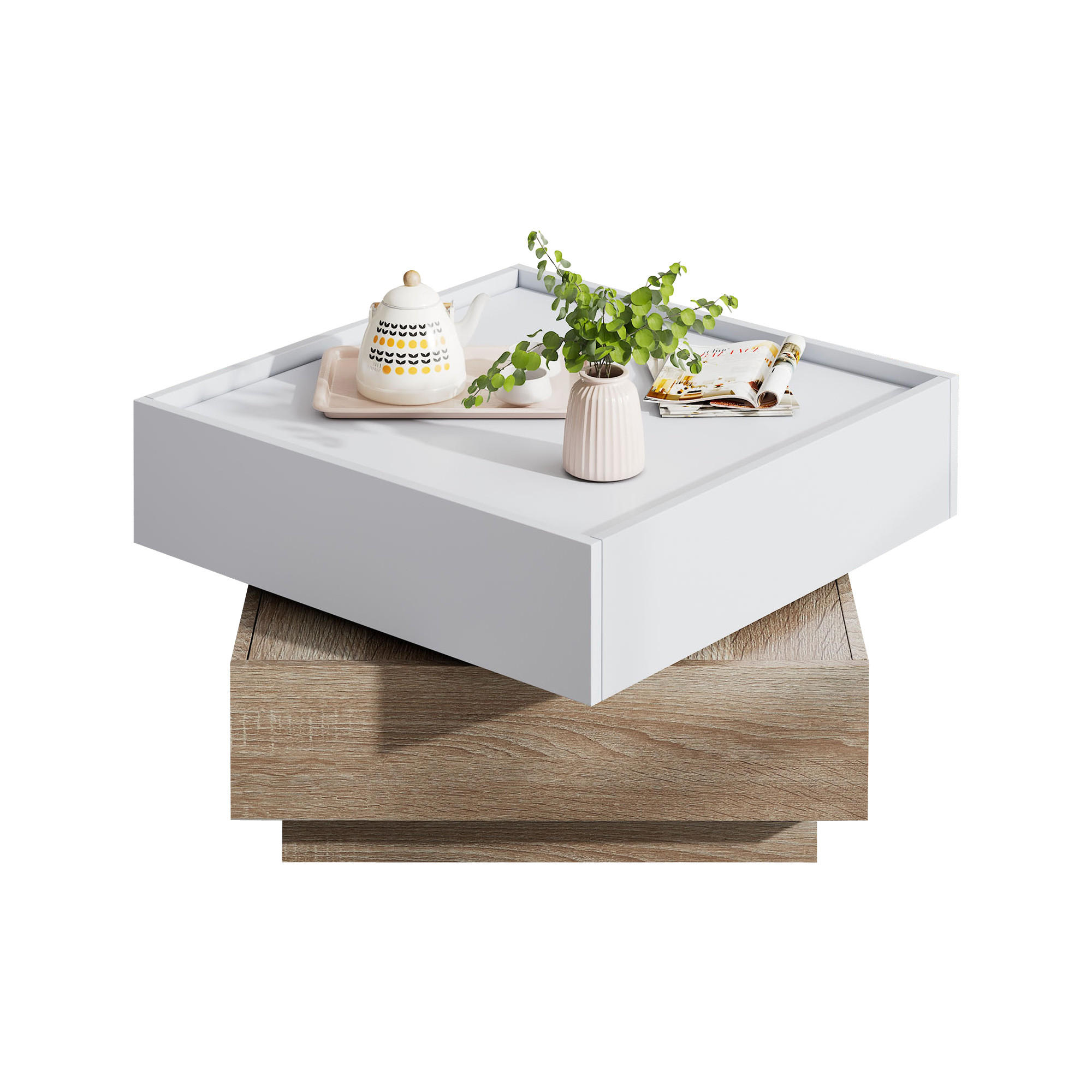 COUCHTISCH 60/60/38 cm mit 360° drehbarer Tischplatte und 2 Schubladen in Weiß und Walnuss - Weiß/Braun, Holzwerkstoff (60/60/38cm) - OKWISH