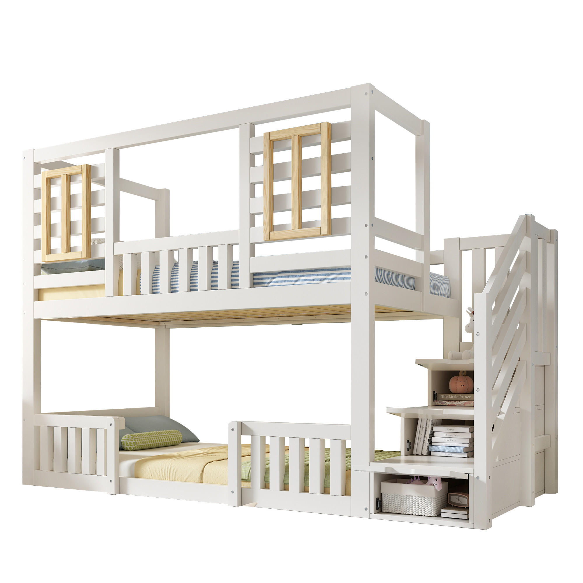 ETAGENBETT 90/200 cm mit Treppenschrank, 2 Liegeflächen und Lattenrost, Weiß - Weiß, Holzwerkstoff (90/200cm) - Redom