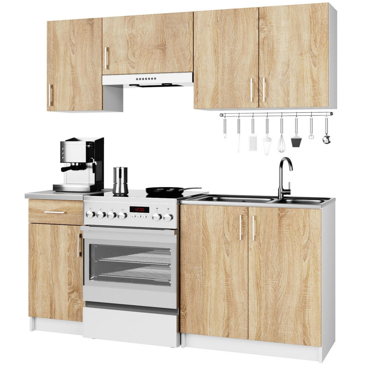 KÜCHENMÖBEL-SET Weiß, Sonoma Eiche 180x203x44,5 cm - Silberfarben/Weiß, Holzwerkstoff/Kunststoff (180/203/44.5cm) - Akord